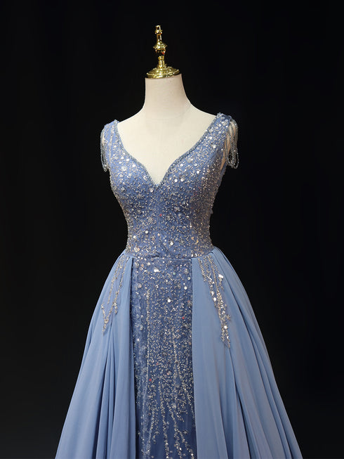 Light Blue Sequin Ball Gown with Chiffon - Pretty Sequin Dress - Sleeveless Ball Gown Plus Size